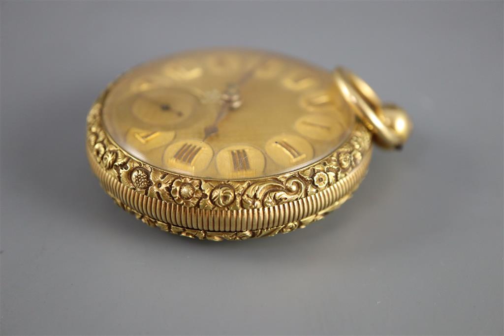 A George IV engine turned 18ct gold open face keywind pocket watch by Thomas Mols, Ludgate, London,